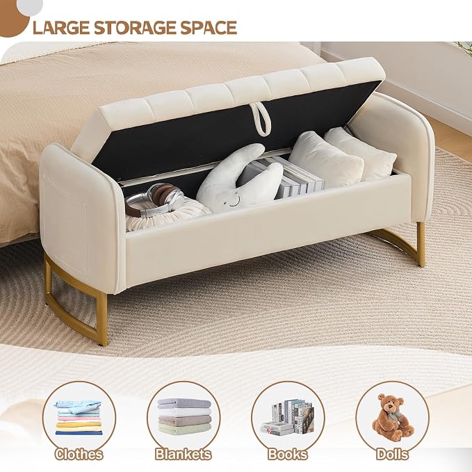 End of Bed Storage Bench, 51'' Velvet Storage Benches for Queen Size Bedroom Foot of Bed, Storage Ottoman Bench with Golden Legs and Pillow for Living Room Window Entryway, Cream