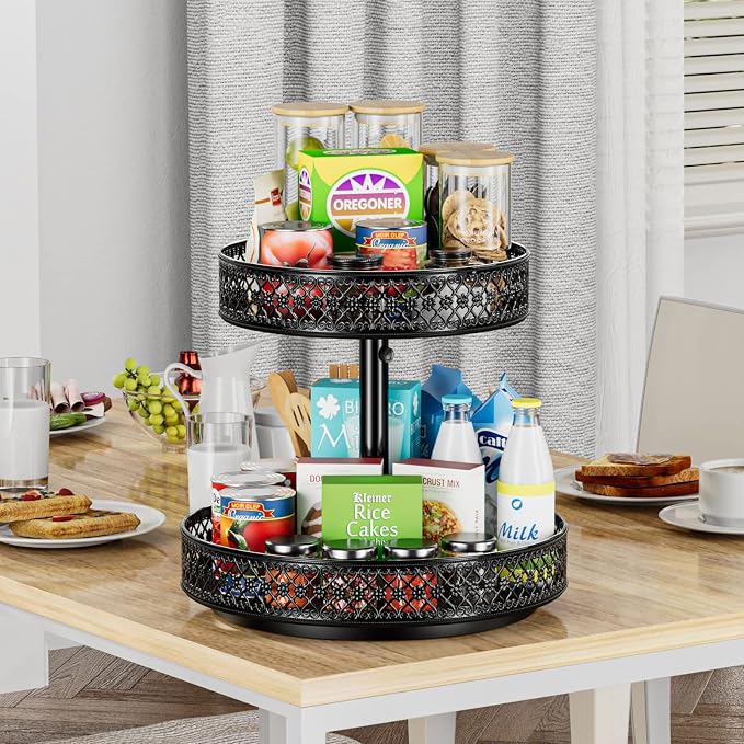 2 Tier Lazy Susan Organizer - Adjustable Rotating Spice Rack 12 inch | Floral Turntable Lazy Susan for Cabinet Pantry Kitchen Countertop Table Top Cupboard Bathroom Vanity Storage Metal Black