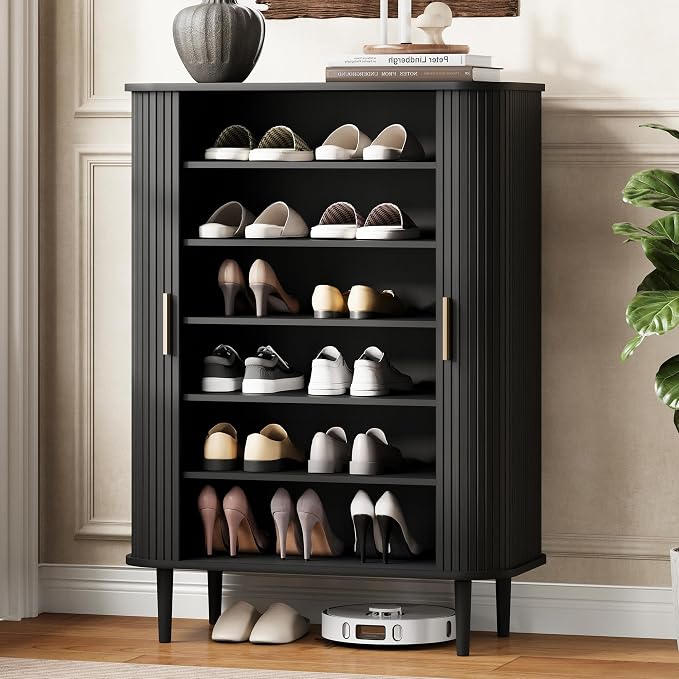 DHH Shoe Storage Cabinet with Sliding Door, 6-Tier Shoe Cabinet with Adjustable Shelves, Mid-Century Modern Freestanding Shoe Storage Organizer for Entryway, Hallway, Living Room (Black, 31.5 ")