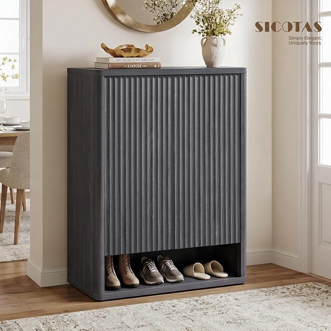 SICOTAS Shoe Cabinet 44 inch Tall Fluted Shoe Cabinet with Doors & 4 Shelves Wooden Large Hidden Shoe Storage Organizer Modern Free Standing 6-Tier Cabinet for Entryway Living Room Closet
