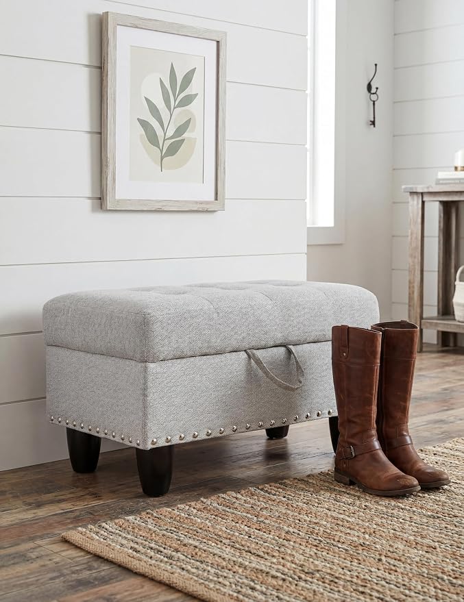 Ottoman with Storage, 28.5 inch Liner Storage Ottoman with Padded Seat, Large Entryway Bench with Solid Wood Frame, Upholstered Sturdy Foot Rest for Living Room, Bedroom, Entryway, Gray White