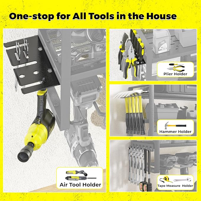 Power Tool Organizer with Charging Station.Garage 8 Drill Holder Built in 8 Outlets Power Strip,Tool Storage Shelf Wall Mount,Tool Battery Organizer with Screwdriver/Hammer/Air Tool Rack
