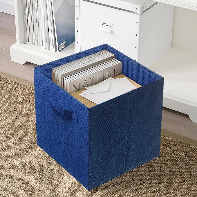 PowerKing Collapsible Storage Cubes, Farbic Storage Bins, Dark Blue, 6Pack | Sturdy, Lightweight, Easy Pull Handle, Closet & Shelf Organizer, Clothes and Toys Storage, 10.5'' x 11'' x 10.5''