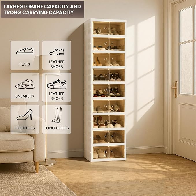 Foldable Shoe Organizer Storage Box Set of 4, Portable Extra Large Folding Shoe Rack for Closet, Shoe Storage Box with Magnetic Transparent Door and Wheels, 9 Layers 18 Grids