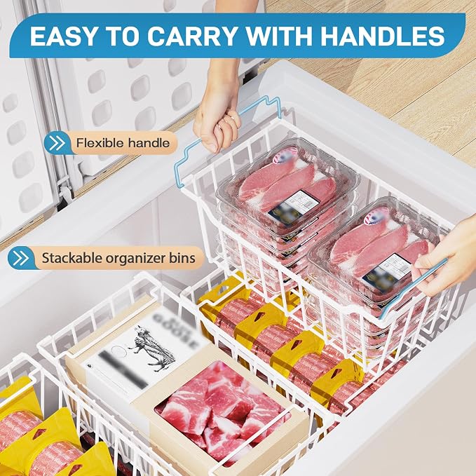 SUNALLY Freezer Organizer Bins, 8 Pack Stackable Pantry Storage Bins, White | Chest Freezer Organizer for 5-7 Cu.FT Deep Freezer to Sort Frozen Meats & Food, Wire Baskets for Pantry Organizers & Storage