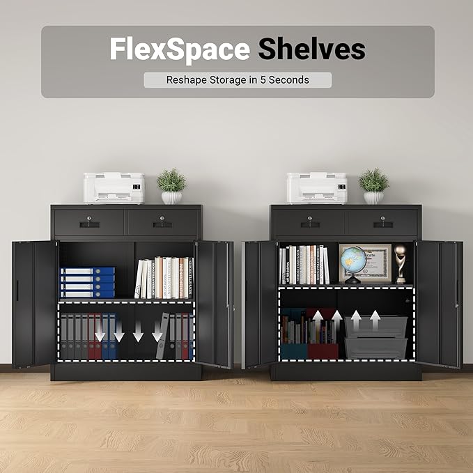 CJF Metal Storage Cabinet, Locking Cabinet with Adjustable Shelf and 2 Drawers, Metal Cabinets for Office, Home, Garage 36" H x 32" W x 16" D (Black)