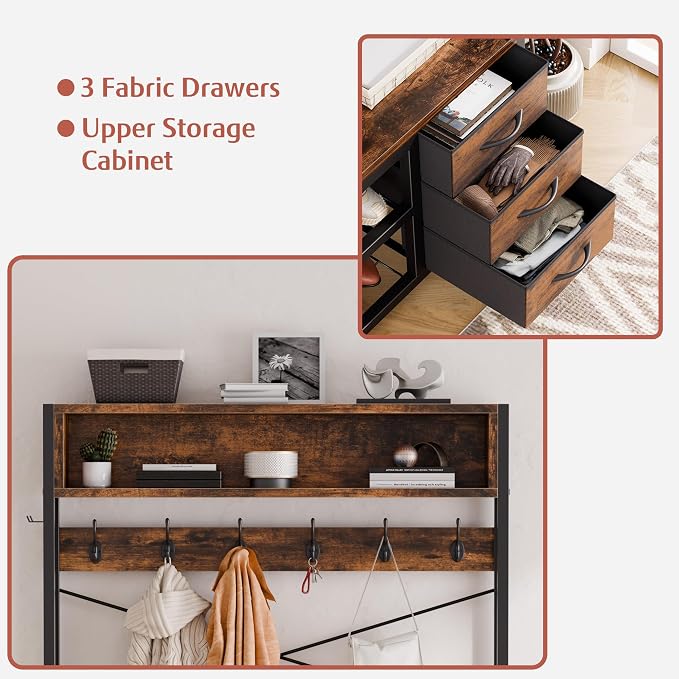 Hall Tree with Bench and 3 Drawers Storage, 39.4" Coat Rack Freestanding