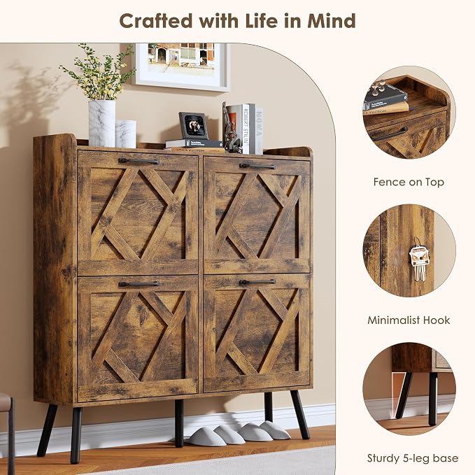 Nicetree Shoe Cabinet Storage for Entryway, Freestanding Shoe Storage Cabinet, Farmhouse Narrow Shoe Rack Cabinet for Entryway, Foyer, Hallway, Shoe Cabinet 4 Flip Drawers