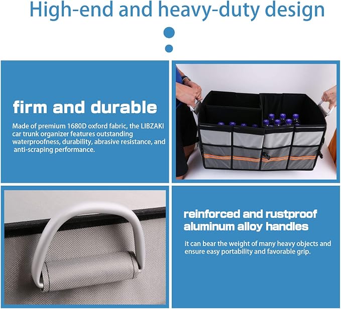 Trunk Organizer, LIBZAKI Cargo Organizer, Premium Multi Compartments Collapsible Portable Trunk Storage for auto, SUV, Truck, Minivan -Grey