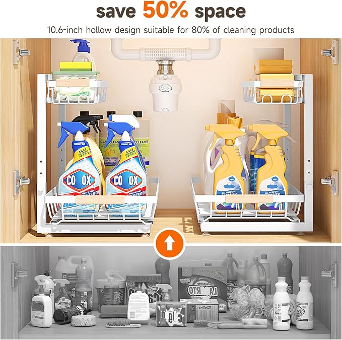 Sevenblue 2-Pack 2-Tier Height Adjustable Under Sink Organizer & Storage | Multi-purpose storage for kitchen & bathroom cabinet. Large white shelf, height adjustable design for space-saving.
