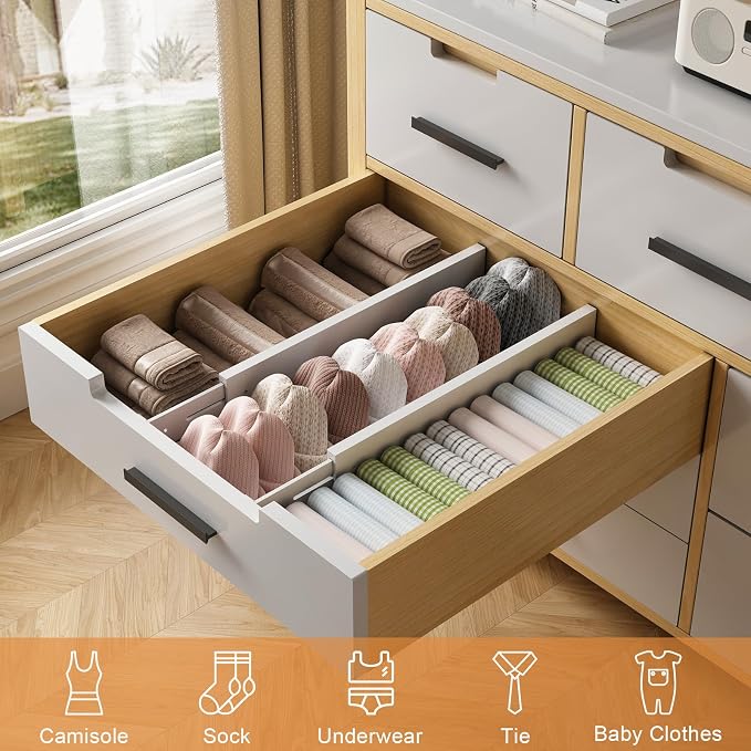 Bamboo Drawer Dividers, Adjustable Drawer Organizers, Fits 17.6–21" Drawers | 2.5" High, 8 Pack Expandable Drawer Separators for Kitchen, Nursery, Dressers & Office Storage, White