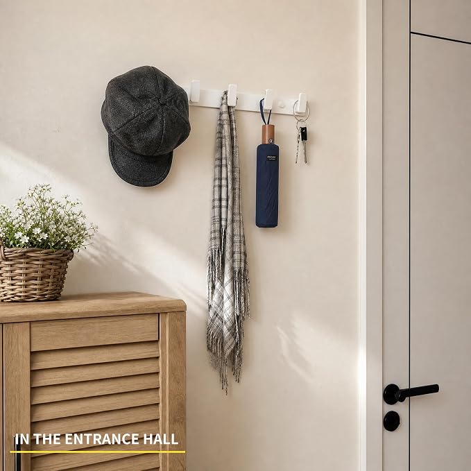 White Wall Mount Coat Rack, 5 Wall Hooks For Hanging Key Holder Hat Hooks | Heavy Duty Door Hooks Coat Hooks Rack Wall Mounted for Entrance Robes, Bags, Keys, and Towels Bathroom Towel Hanger, 1 Pcs