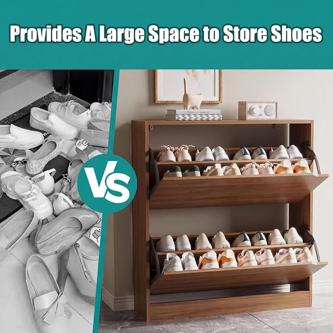 Xixini Shoe Storage Cabinet for Entryway with 2 Flip Drawers, Wood Freestanding Hidden Shoe Storage, Narrow Slim Sturdy Shoe Organizer for Front Door Entrance, Living Room, Hallway, Bedroom, Walnut