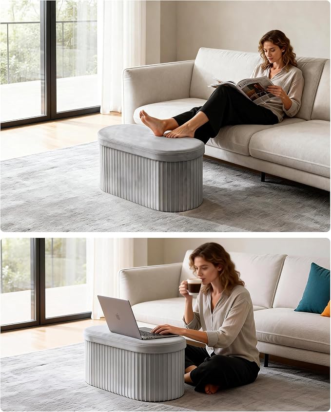 GLAXYFUR Folding Ottoman with Storage, Oval Velvet Storage Bench, Grey | Upholstered Foot Rest, 30 x 15 x 15 Inches Storage Chest for Bedroom, Living Room & Entryway