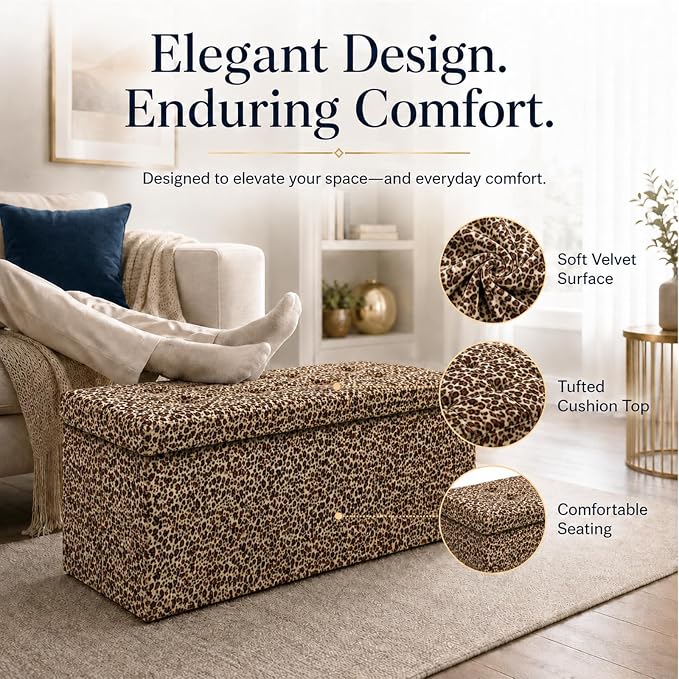 ALASDO 43 Inch Folding Storage Ottoman Bench with Hidden Storage, PU Leather Ottoman Foot Rest Stool, End of Bed Bench for Bedroom, Living Room, Entryway and Closet, Leopard Print