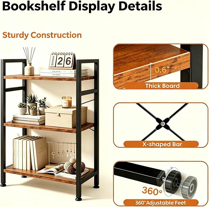 HealSmart 3 Tier Bookshelf, Free Standing Book Shelf Home Office Bookcase Shelf Storage Organizer for Bedroom, Bathroom, Living Room, Office, Balcony, Rust Brown