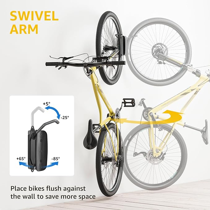 monTEK Swivel Bike Wall Mount, Vertical Bike Rack for Garage, 2 Pack, Gray | Space-saving wall bike rack with 150° swivel holds 66 lb each; fits tires up to 3.54 in wide; helps protect rims and walls