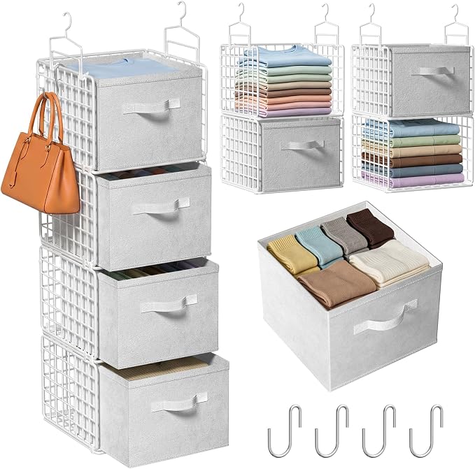 4 Tier Hanging Closet Organizer with 4 Drawers, White | Metal Hanging Shelves with 4 Hanging Hooks for Wardrobe Laundry Garage, No Sagging, Modular Design, Space Saving