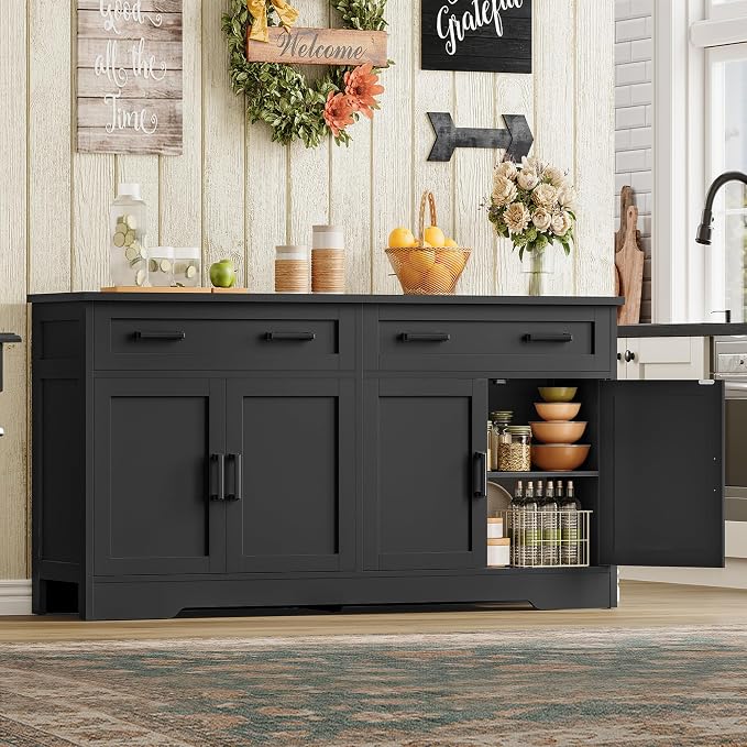 usikey 55" Buffet Cabinet with Storage and Drawers, Large Sideboard Buffet Cabinet with Adjustable Shelves and Doors, Modern Coffee Bar for Kitchen, Living Room, Black