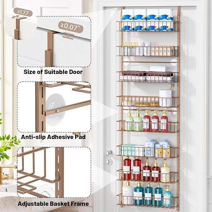 ElegantArray 8-Tier Pantry Door Organizer, Brown | Over The Door Pantry Organizer Rack and Storage, Hanging Spice Rack Shelves Door, Home Office Laundry Room Bathroom & Kitchen