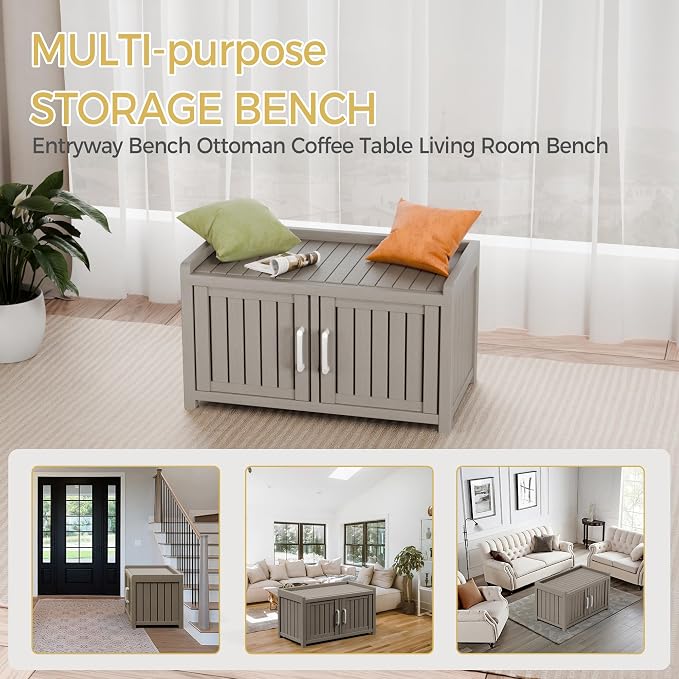 Storage Bench - 2 Doors Waterproof Resin Shoe Bench with Adjustable Shelves - Indoor & Outdoor Use, Entryway Bench with Seating for Bedroom, Living Room, Hallway - Grey