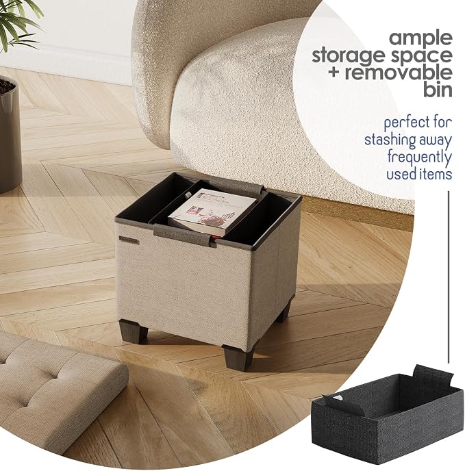 Storage Ottoman Cube with Small Bin, 15-in Square Ottoman with Storage for Living Room and Bedroom, Small Ottomans Foot Rest, Fabric Foot Stools Ottomans Max 330lbs, Taupe