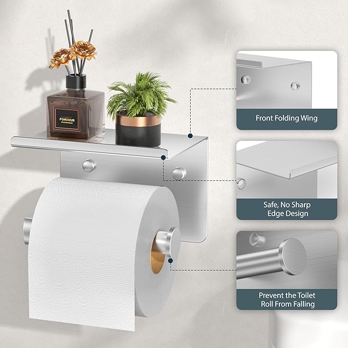 FORIOUS Bathroom Accessories, 5-Piece Bathroom Hardware Set - 24" Towel Bar | Brushed Nickel | Towel Hooks, Towel Racks for Bathroom, Toilet Paper Holder With Shelf, Towel Ring | SUS304 Stainless Steel