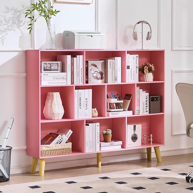 LEYAOYAO 10 Cube Bookshelf,Mid-Century Modern Bookcase with Legs,Light Pink | 3 Tier Book Shelf, 55" Wide Rustic Wood Bookshelves Large Storage Organizer, Open Shelves for Bedroom, Living Room, Office