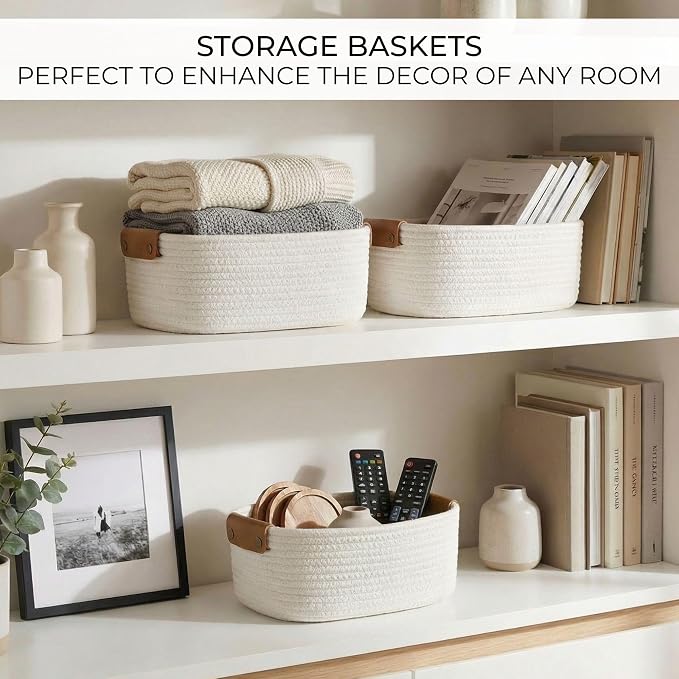 Beautiful Storage Basket Set of 3 - Sturdy Jute Rope Baskets for Shelves Are Perfect for Organizing Your Home - Quality Storage Bins Easily Fit With Any Nursery or Bedroom Decor