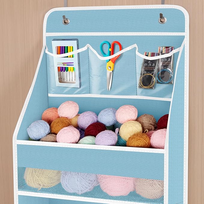 Univivi Fabric Over Door Hanging Organizer for Baby Nursery, Blue, 5-Shelf | Door Storage with Large Capacity Breathable Mesh Pockets, Over the Door Baby Organizer for Baby Essential, Bedroom, and Dorm