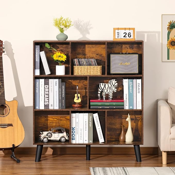 LEYAOYAO 8 Cube Bookshelf, Mid-Century Modern Book Shelf with Legs, Brown | 3 Tier Bookcase, Rustic Wood Bookshelves Freestanding Large Storage Organizer, Open Shelves for Bedroom, Living Room, Office
