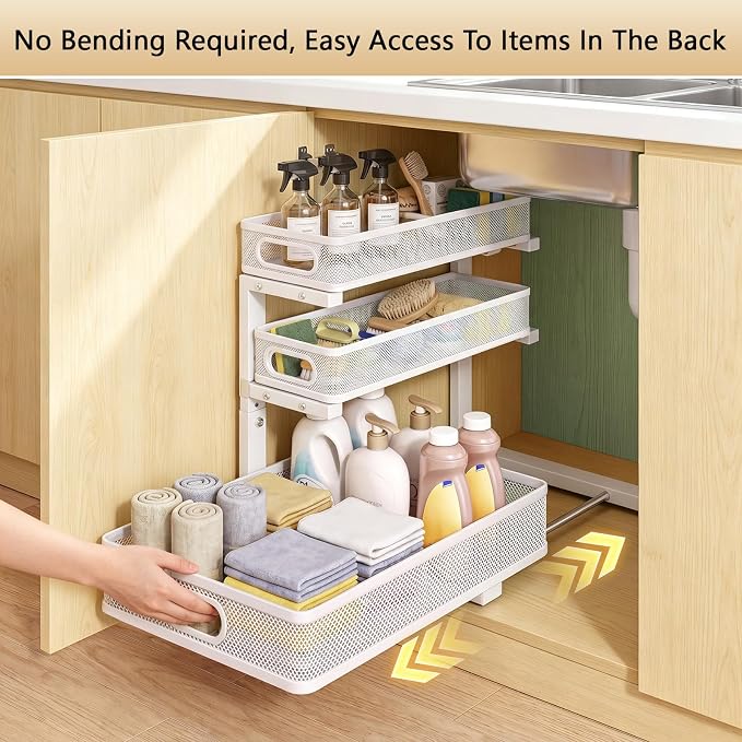 Under Sink Organizer, 2-Pack 3-tier Under Sink Storage Organizer Adjustable Height Easy Assembly Pull Out Cabinet Organizers Basket for Bathroom Kitchen Pantry Home Organization