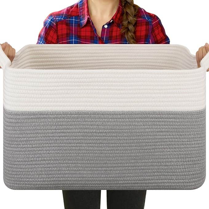 OIASKET Blanket Basket for Living Room, Cotton Rope Basket for Storage, Toy Baskets Bin for kids, Woven Baskets with Handles for Clothes, Towels, Pillows, 20" x 16" x 12", Grey and White