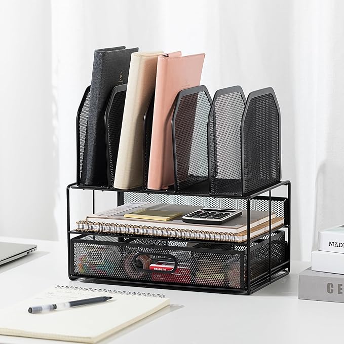 Amazon Basics Mesh Desk Organizer with Sliding Drawer, Double Tray and 5 Upright Sections, File Holder for Office Supplies, Paper Letter Tray, Black