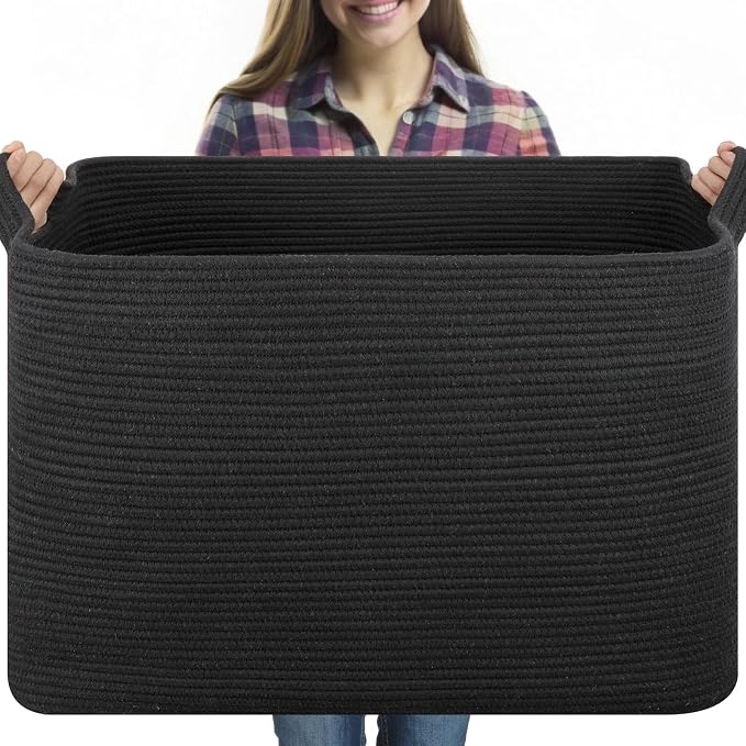 OIASKET 118L Extra Large Blanket Basket, 24.8" x 17.7" x 17.2" Woven Storage Basket for Living Room, Rectangle Nursery Blanket Storage for Toys, Towels, Dirty Clothes (Black)