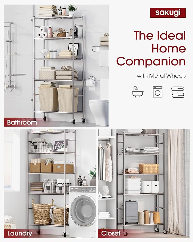 Sakugi 5-Tier Storage Shelves 33.1" x12.6' x73.5 Silver with Wheels | Kitchen, Closet, Pantry, Garage, Heavy Duty, Adjustable Feet, Metal Construction