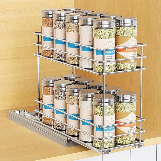 Mystozer Pull Out Spice Rack Organizer for Cabinet, Slide Out Spice Racks, Easy to Install, 4.33" Wx10.43 Dx8.66 H, 1 Drawer 2 Tiers(Silver)