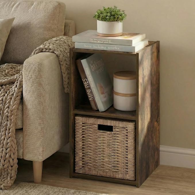Furinno PELLI Book Shelf, 2-Cube Bookshelf with Open & Closed Back Cubes, 2 x 1 Storage Organizer Cabinet, 12.2 x 11.6 x 24.2, for Living Room, Bedroom, Home Office, Amber Pine