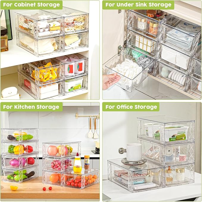 4 Pack Acrylic Storage Drawers, Clear Stackable Storage Drawers, Acrylic Organizers Drawers for Under Sink, Pantry, Bathroom, Makeup Organizers Cosmetic Display,Classroom Storage Organization, Medium