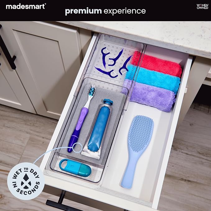 madesmart Drying Stone Expandable Toothbrush Organizer, Clear | diatomite, fast drying surface, divided layout, expandable, toothpaste floss, dental items, bathroom counter, woman owned