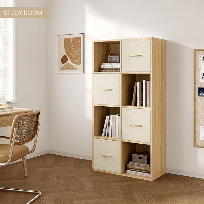 EXPERLAM 8 Cube Storage Organizer - Solid Wood Bookshelf with 4 Storage Bins, Cube Shelf with 2 Removable Back Panels, Vertical or Horizontal Bookcase, Open Book Shelf for Bedroom, Living Room, Office