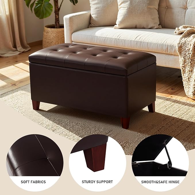 Joveco Storage Ottoman Bench, 33 Inches Faux Leather Rectangle Tufted Foot Stool for End Foot of Bed, Bedroom, Living Room, Brown