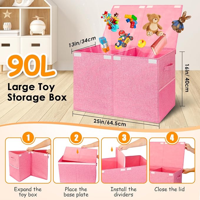 Large Toy Storage Box with Lid Upgraded Toy Chest Organizer with Removable PP Divider Foldable Toy Bin for Kids Boys Girls Linen Fabric Toy Box for Playroom Nursery Bedroom (25"x13"x16")