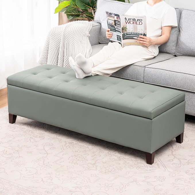 Ottoman with Storage, 51 Inch End of Bed Storage Bench, Faux Leather Upholstered Ottomans with Hinged Lid, Rectangle Long Foot Rest Bench for Entryway Living Room Bedroom Light Green