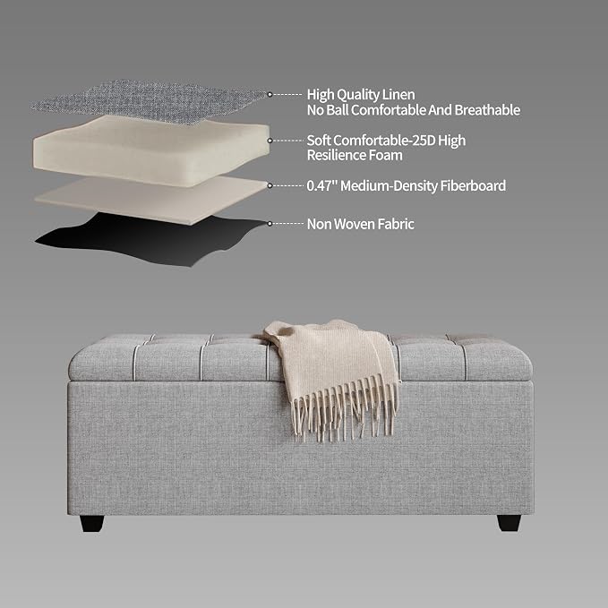 38" Grey Fabric Storage Ottoman Bench with Hinged Lid | Solid wood frame bench, 4-leg easy assembly. Use as end-of-bed, footrest, entryway seat. Hinged hidden storage, multi-use.