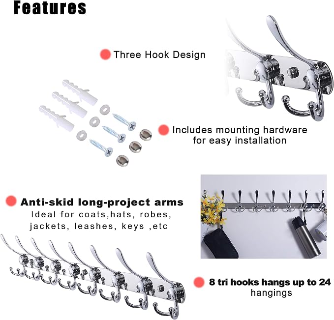 Dseap Coat Rack Wall Mount - 29.5” Long 8-Tri-Hooks Heavy Duty Coat Hanger Rail Wall Hooks for Hanging Coats Hats Clothing Clothes Purse Mudroom Entryway, Chromed, Pack of 2