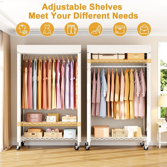 P6C Rolling Clothes Rack with Cover, 3-Tier Covered Clothing Rack | Portable Closets for Hanging Clothes, Heavy Duty Garment Rack on Wheels, White Closet Rack with White Cover, Max Load 365LBS
