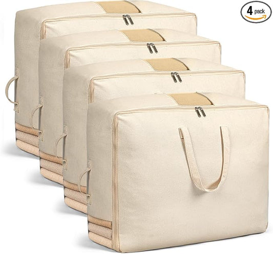 Soft Canvas Storage Bags for Comforters, Blankets, Beddings, Quilt, Clothes | King/Queen Comforter Organizer, Cotton Canvas, 4 Pack, 4 Handles & 2 Clear Windows, Reinforced Zippers, 25x19x9in