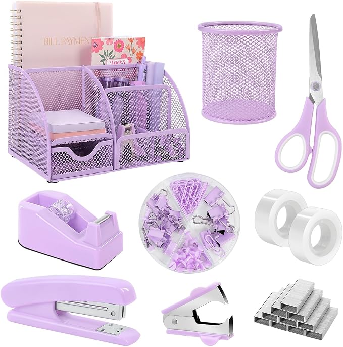 SKYDUE Purple Office Supplies, Purple Desk Organizer for Kids, Mesh Desk Organizer, Stapler, Tape Dispenser, Scissors, Binder/Paper Clips and 1000pcs Staples, Girls Desk Accessories