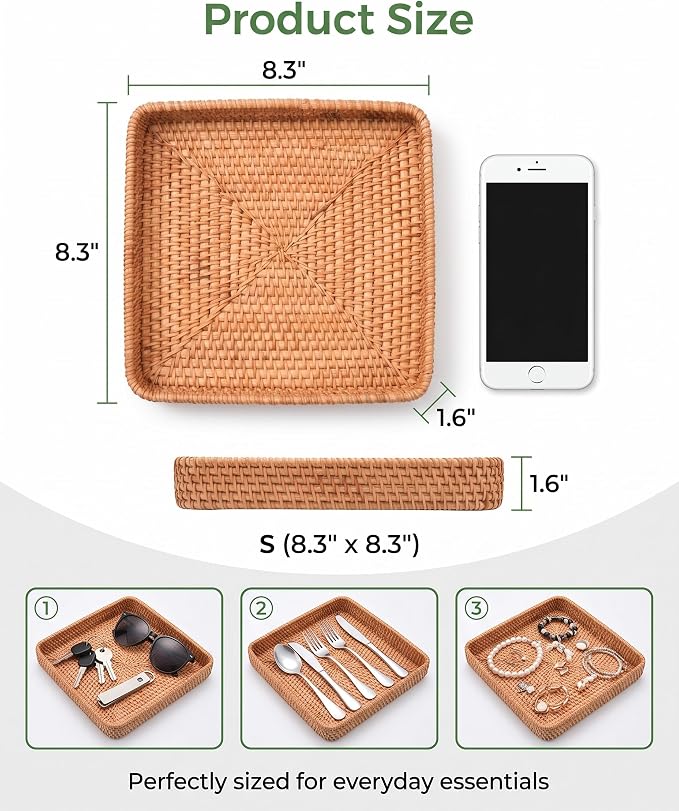8" Square Rattan Basket Handwoven Wicker Serving Tray | Handwoven Natural Wicker Basket Tray for Entryway Coffee Table Keys Jewelry Remote Vanity Wedding Christmas Housewarming Gift
